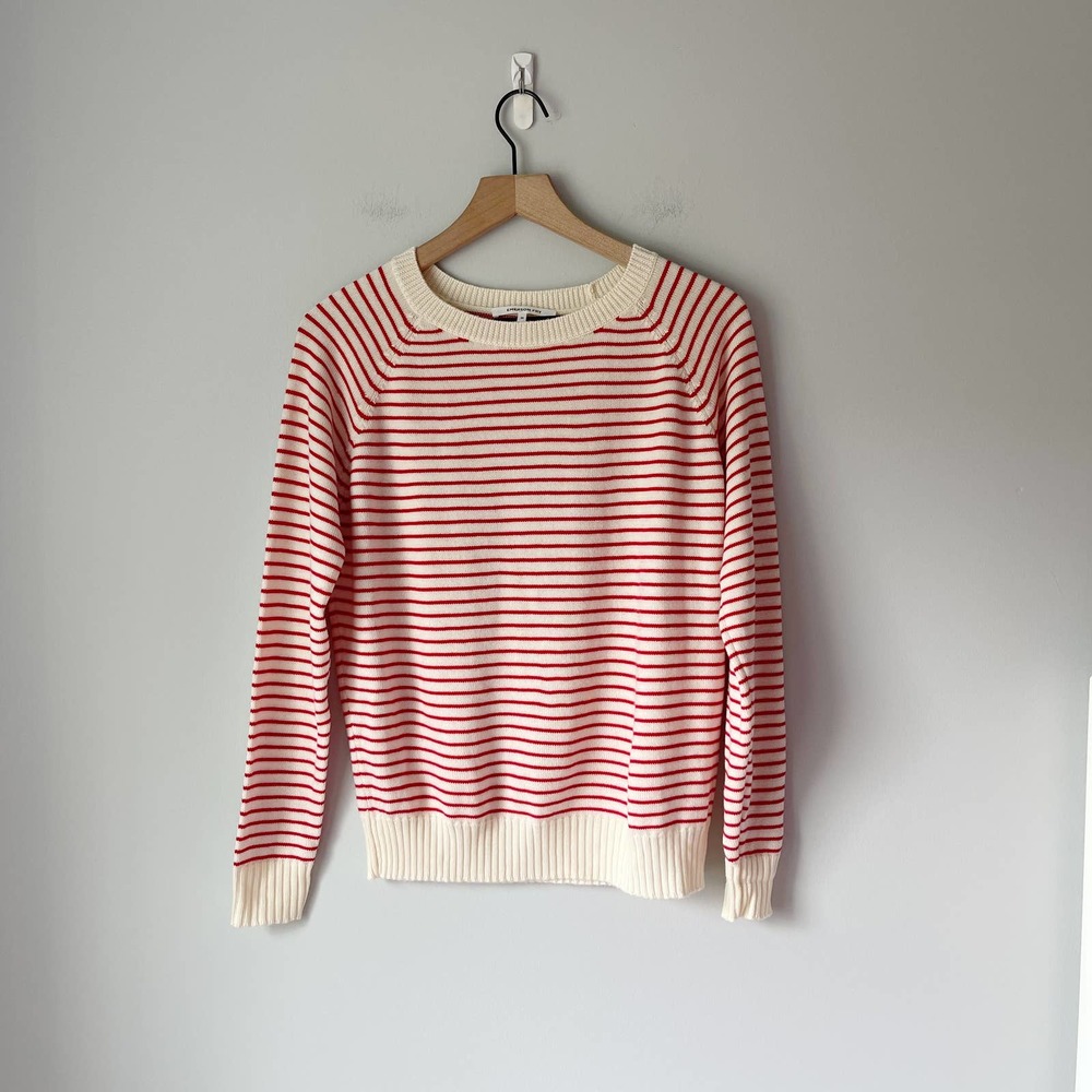Emerson Fry Cream and Red Striped Crewneck Sweater